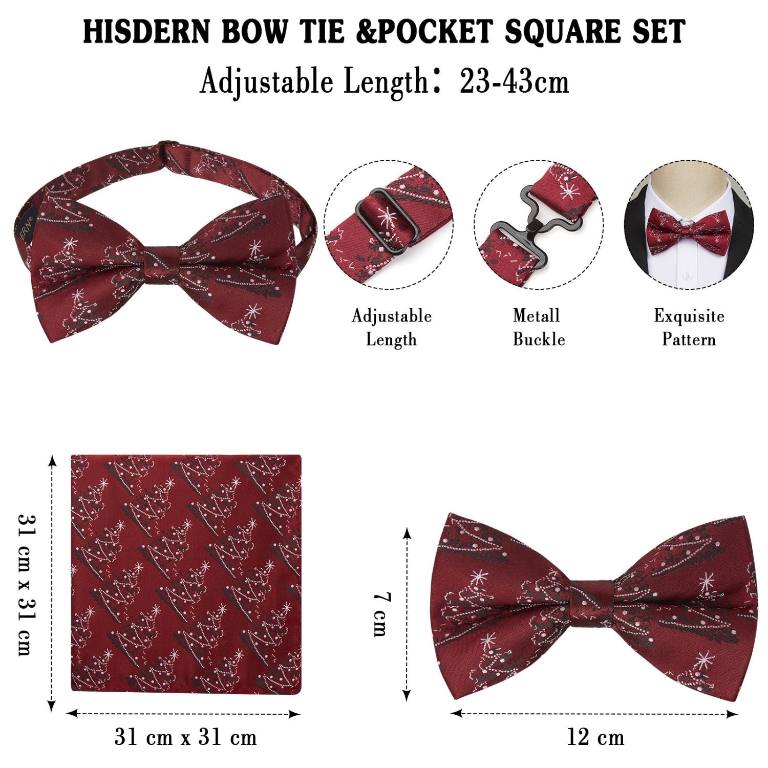 Hisdern Christmas Suspenders Pre-Tied Bow Tie Set Burgundy Holiday Outfit