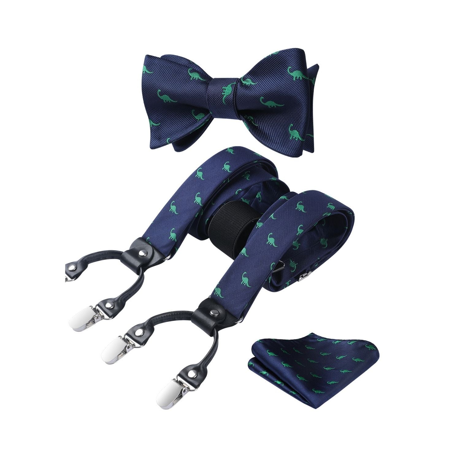 Dinosaur Suspender Bow Tie Handkerchief - NAVY BLUE