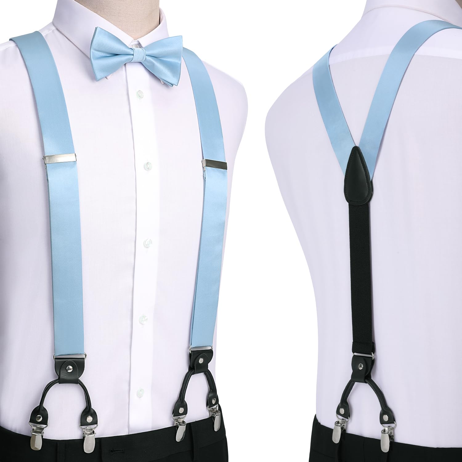 Solid Suspender Pre-Tied Bow Tie Handkerchief - A2-BABY BLUE