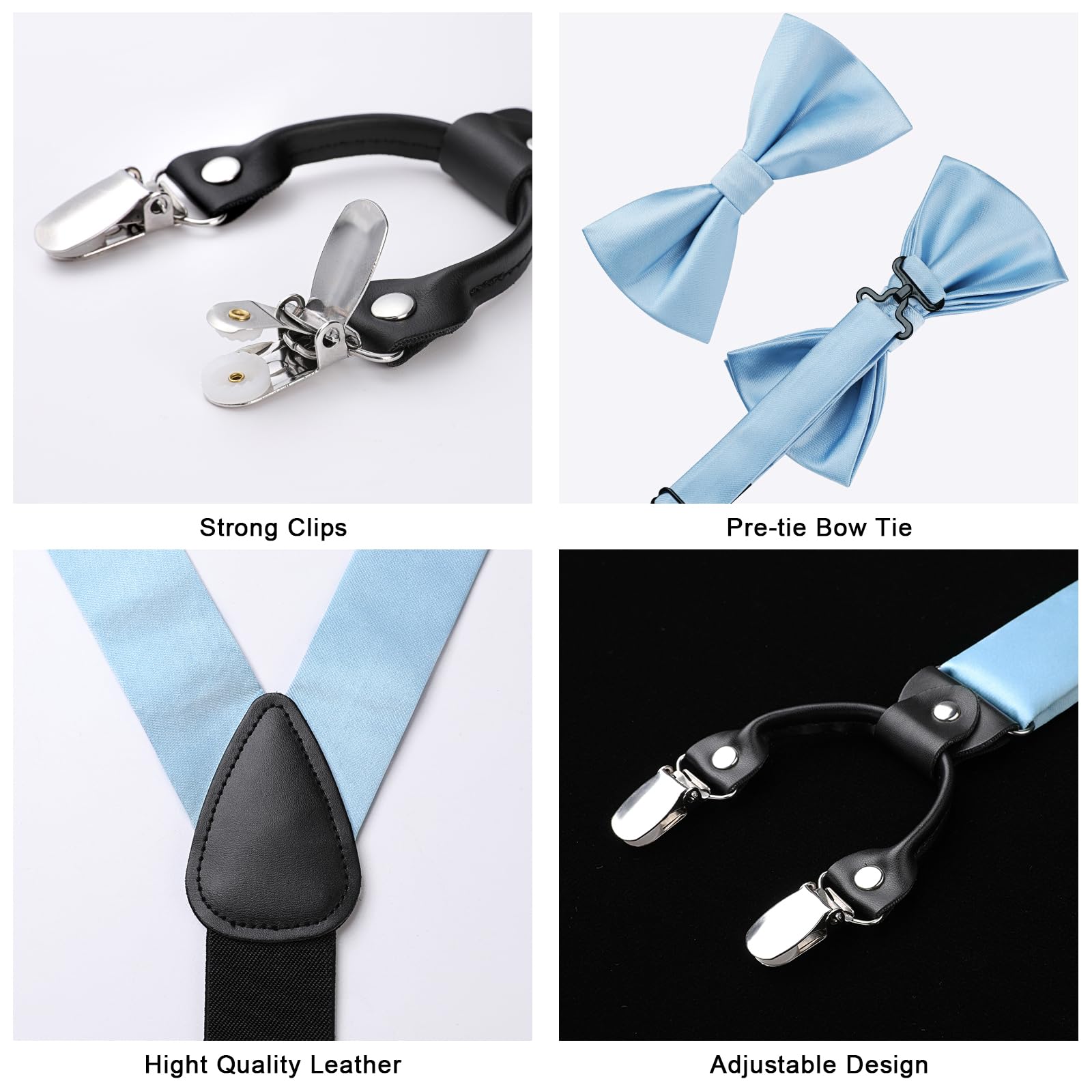 Solid Suspender Pre-Tied Bow Tie Handkerchief - A2-BABY BLUE