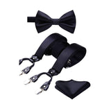 Solid Suspender Pre-Tied Bow Tie Handkerchief - A3-BLACK