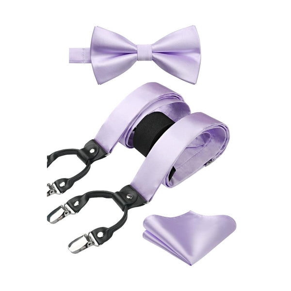 Solid Suspender Pre-Tied Bow Tie Handkerchief - LAVENDER