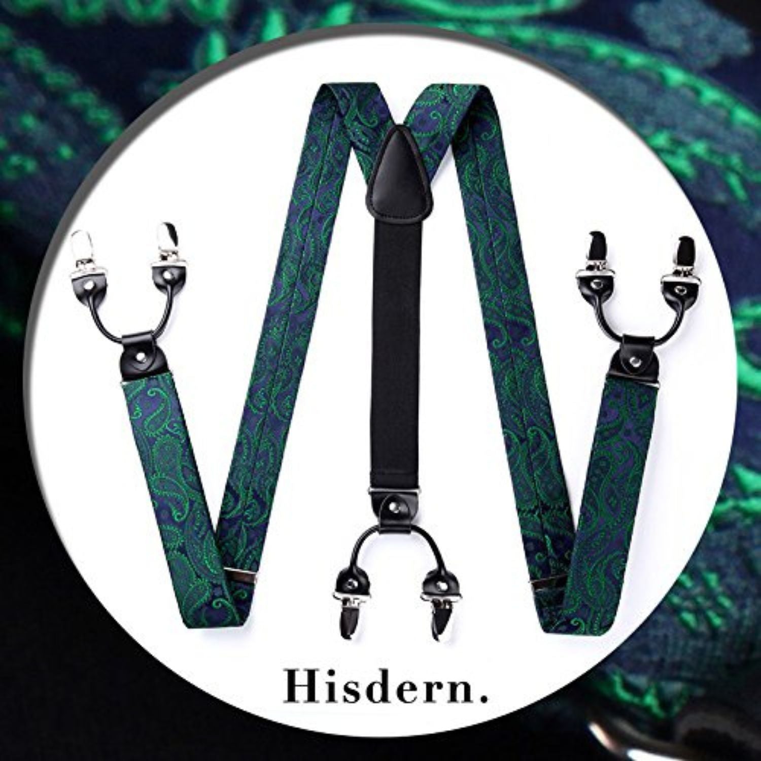 Paisley Floral Suspender Bow Tie Handkerchief - 9-GREEN/NAVY BLUE 02