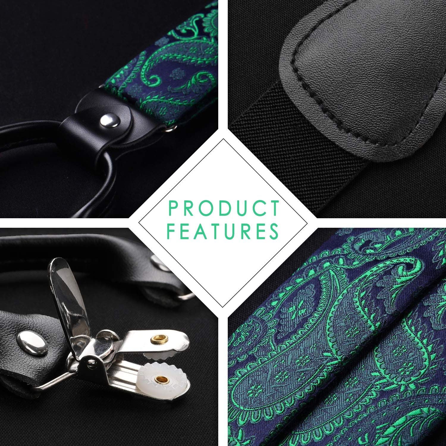 Paisley Floral Suspender Bow Tie Handkerchief - 9-GREEN/NAVY BLUE 02