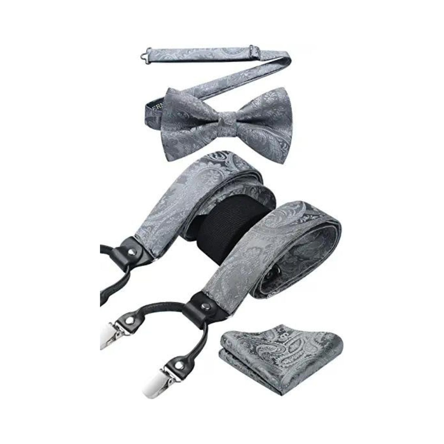 Floral Paisley Suspender Pre-Tied Bow Tie Handkerchief - C16-GRAY