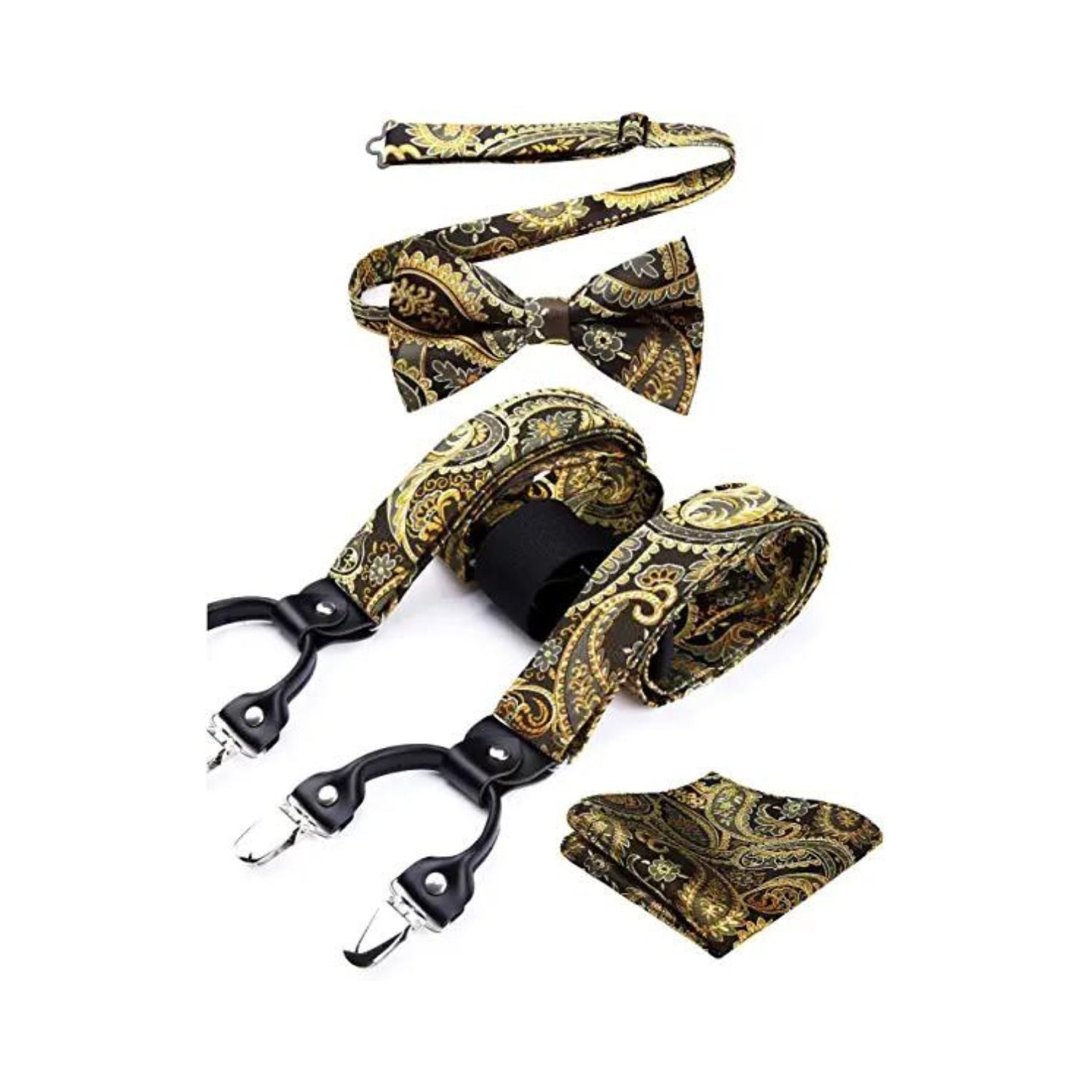 Floral Paisley Suspender Pre-Tied Bow Tie Handkerchief - B5-BROWN/GOLD