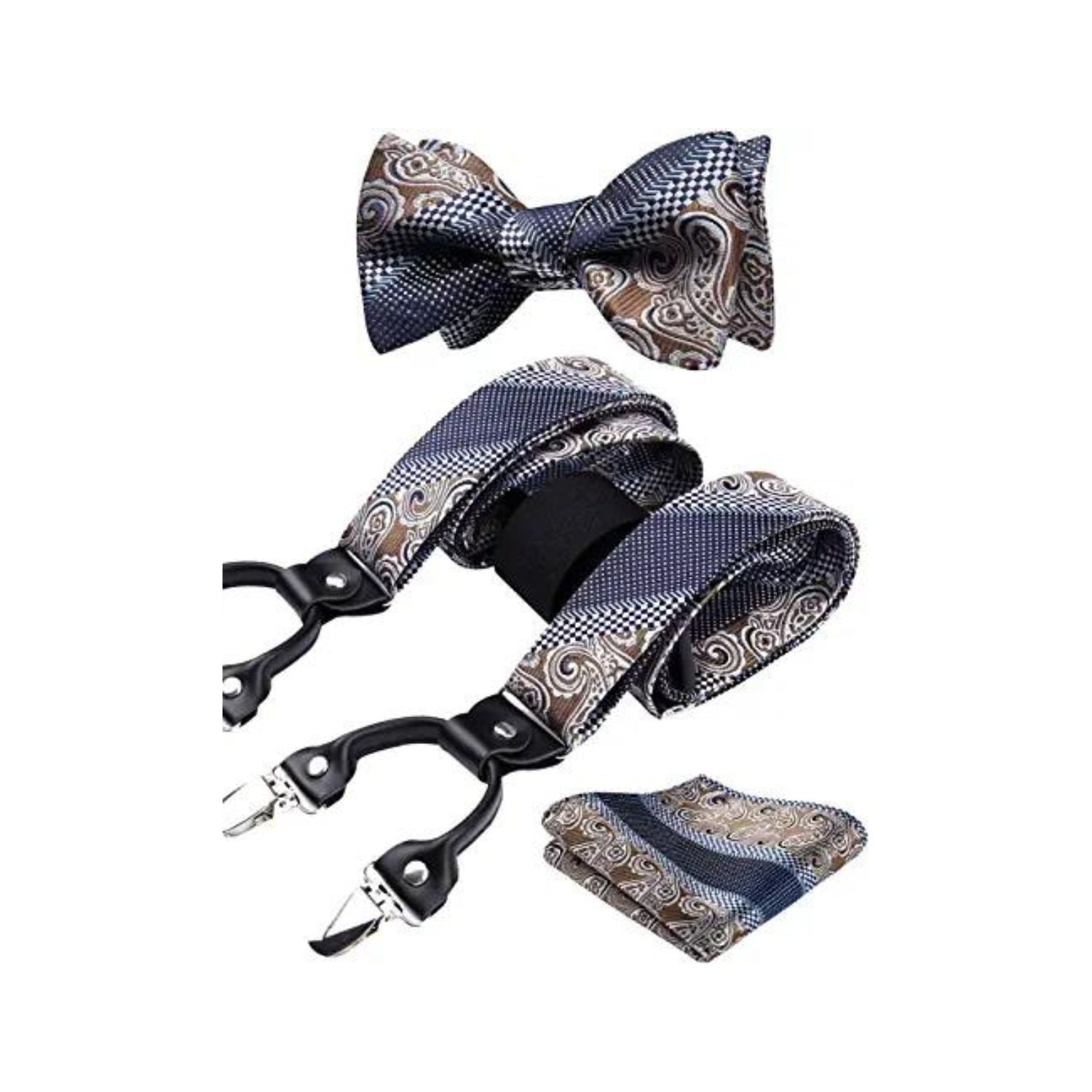Floral Paisley Suspender Bow Tie Handkerchief - 9-BROWN/NAVY BLUE 01