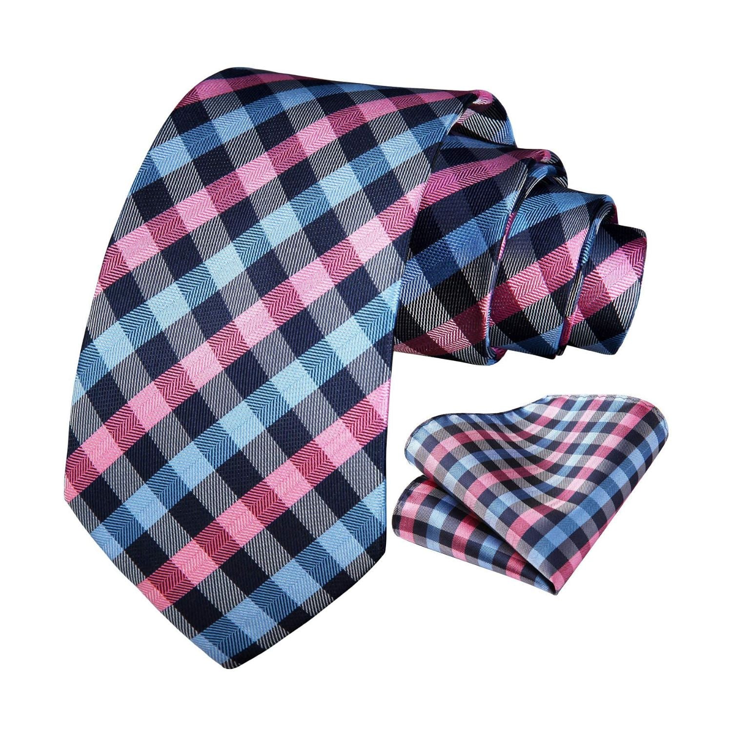 Plaid Tie Handkerchief Set - PINK/BLUE