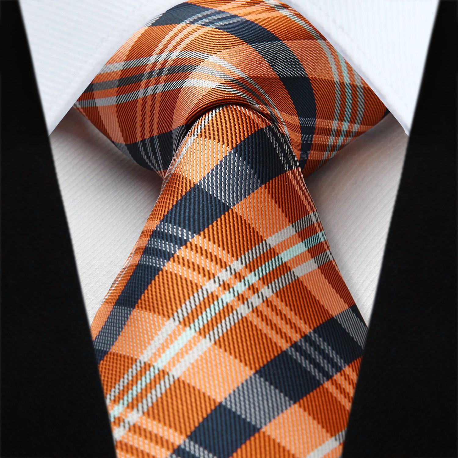Plaid Tie Handkerchief Set - ORANGE/BLUE