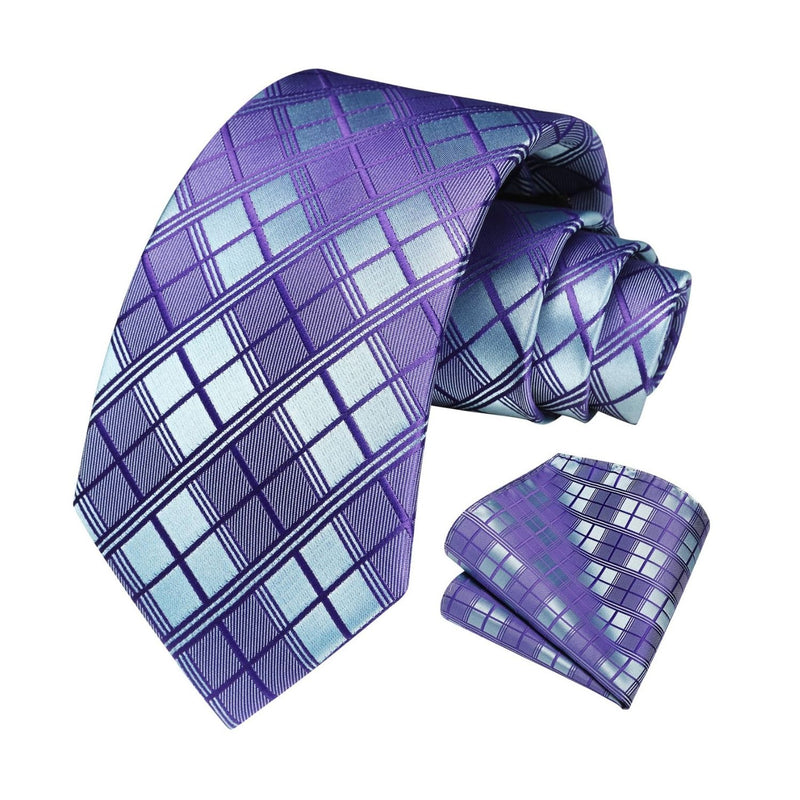 Men's Plaid Tie Handkerchief Set - C7-PURPLE BLUE