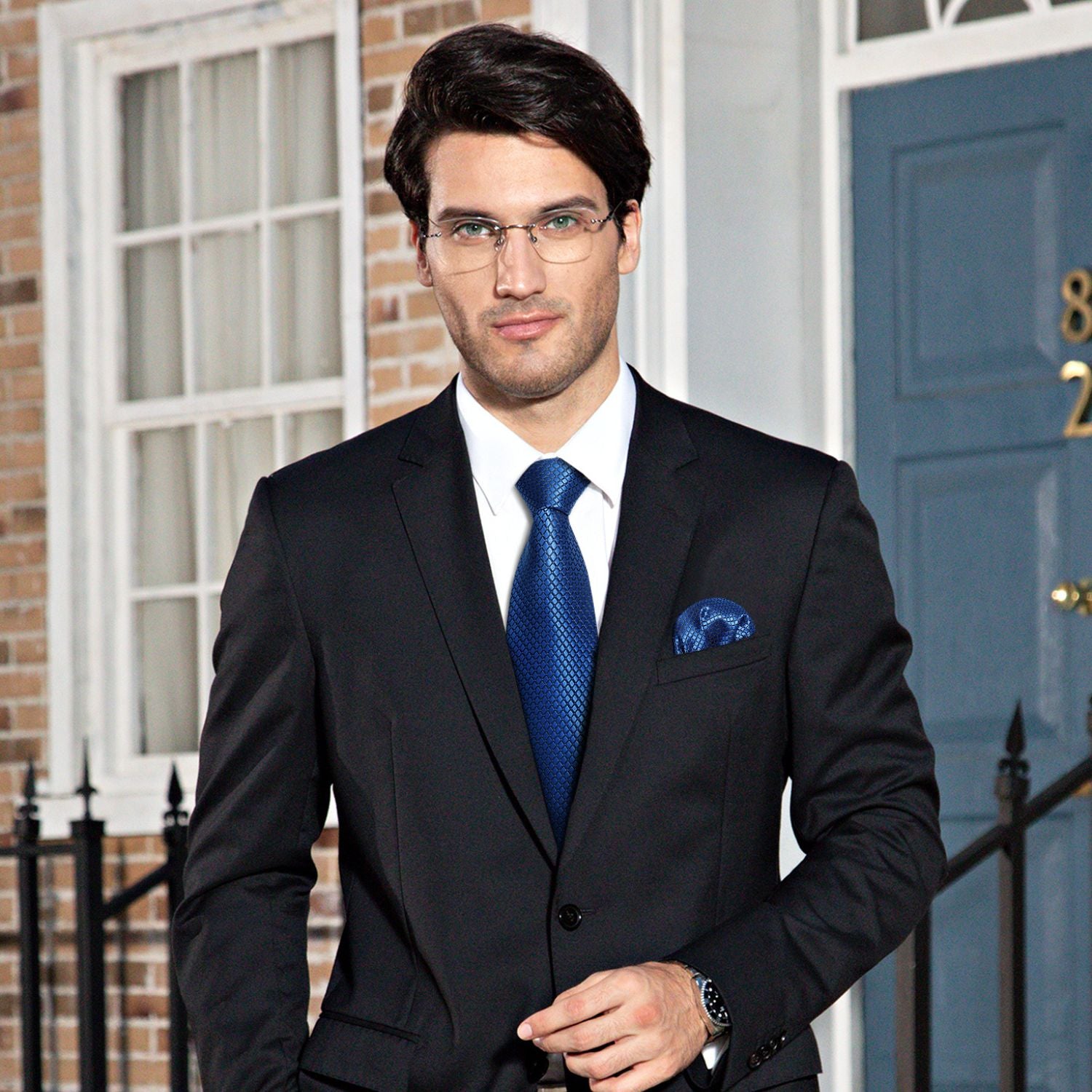 Men's Plaid Tie Handkerchief Set - NAVY BLUE-3