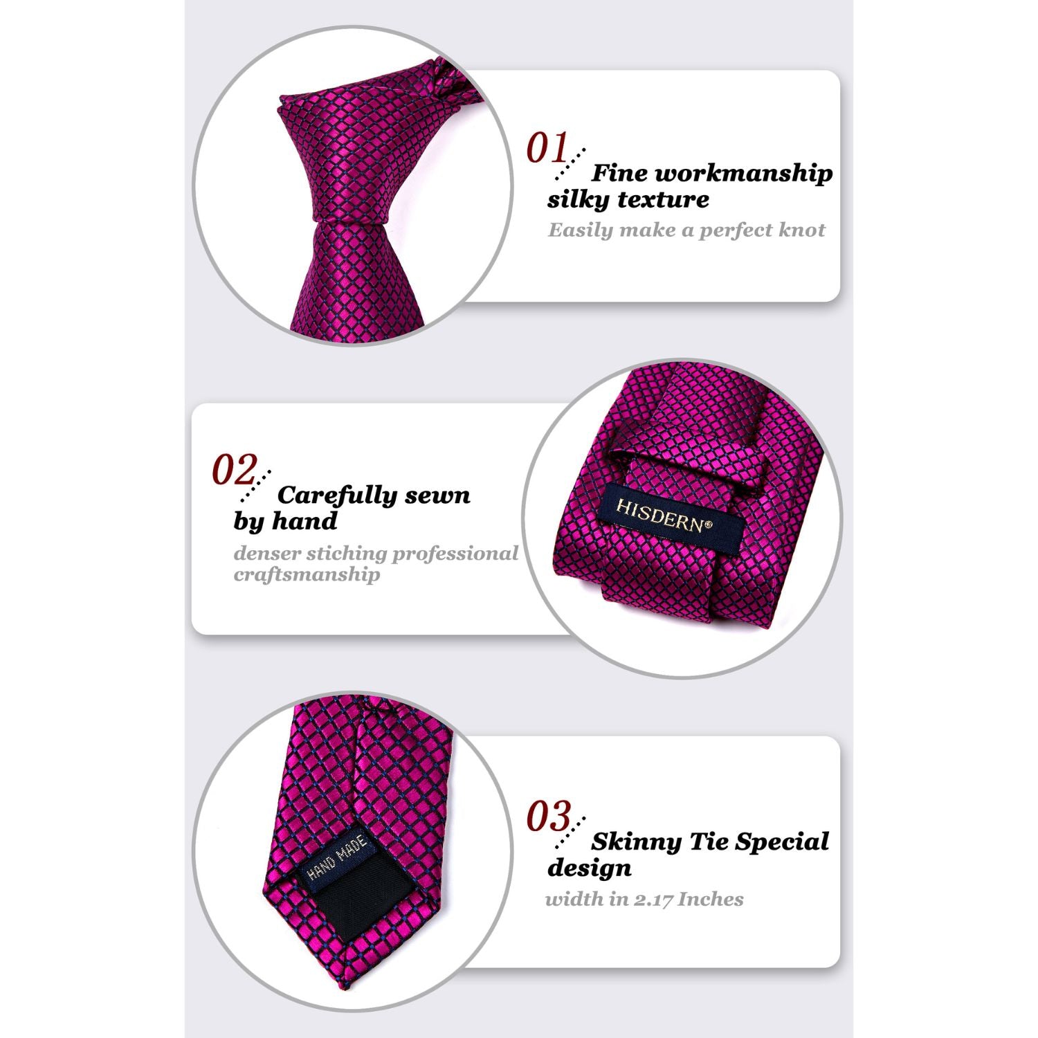 Men's Plaid Tie Handkerchief Set - C3- HOT PINK
