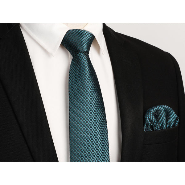 Men's Plaid Tie Handkerchief Set - C3- 0593-TEAL