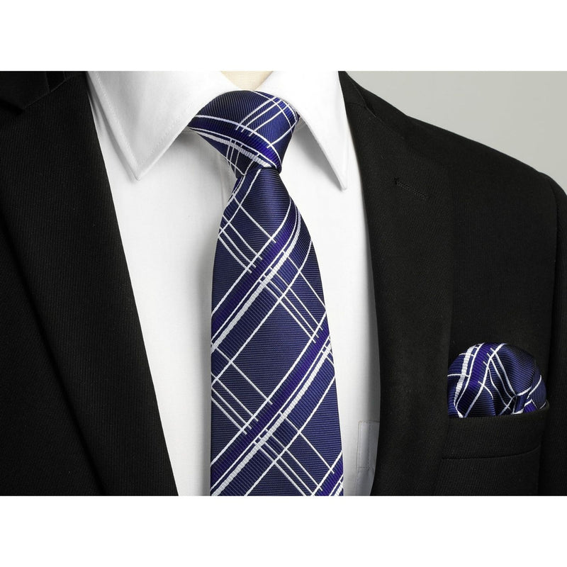 Plaid Tie Handkerchief Set - C-01 NAVY BLUE