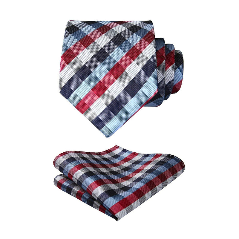 Plaid Tie Handkerchief Set - B7-RED