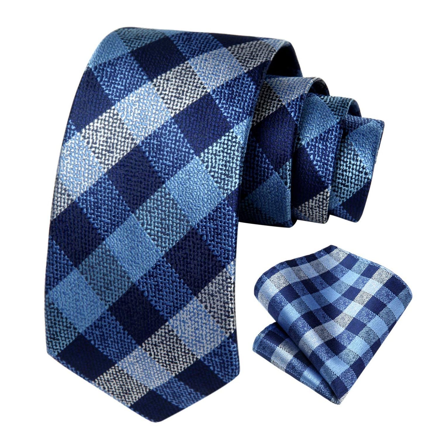 Plaid Tie Handkerchief Set - 058-NAVY BLUE/GRAY