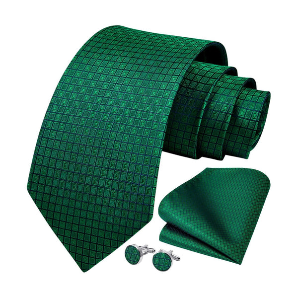 Men's Plaid Tie Handkerchief Cufflinks - 05-GREEN2