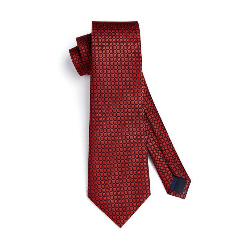 Men's Plaid Tie Handkerchief Cufflinks - 02-RED