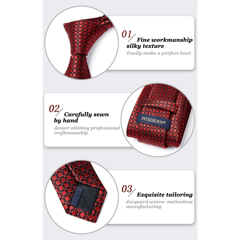 Men's Plaid Tie Handkerchief Cufflinks - 02-RED