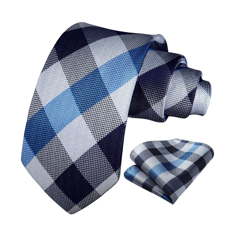 Plaid Tie Handkerchief Set - B1-BLUE