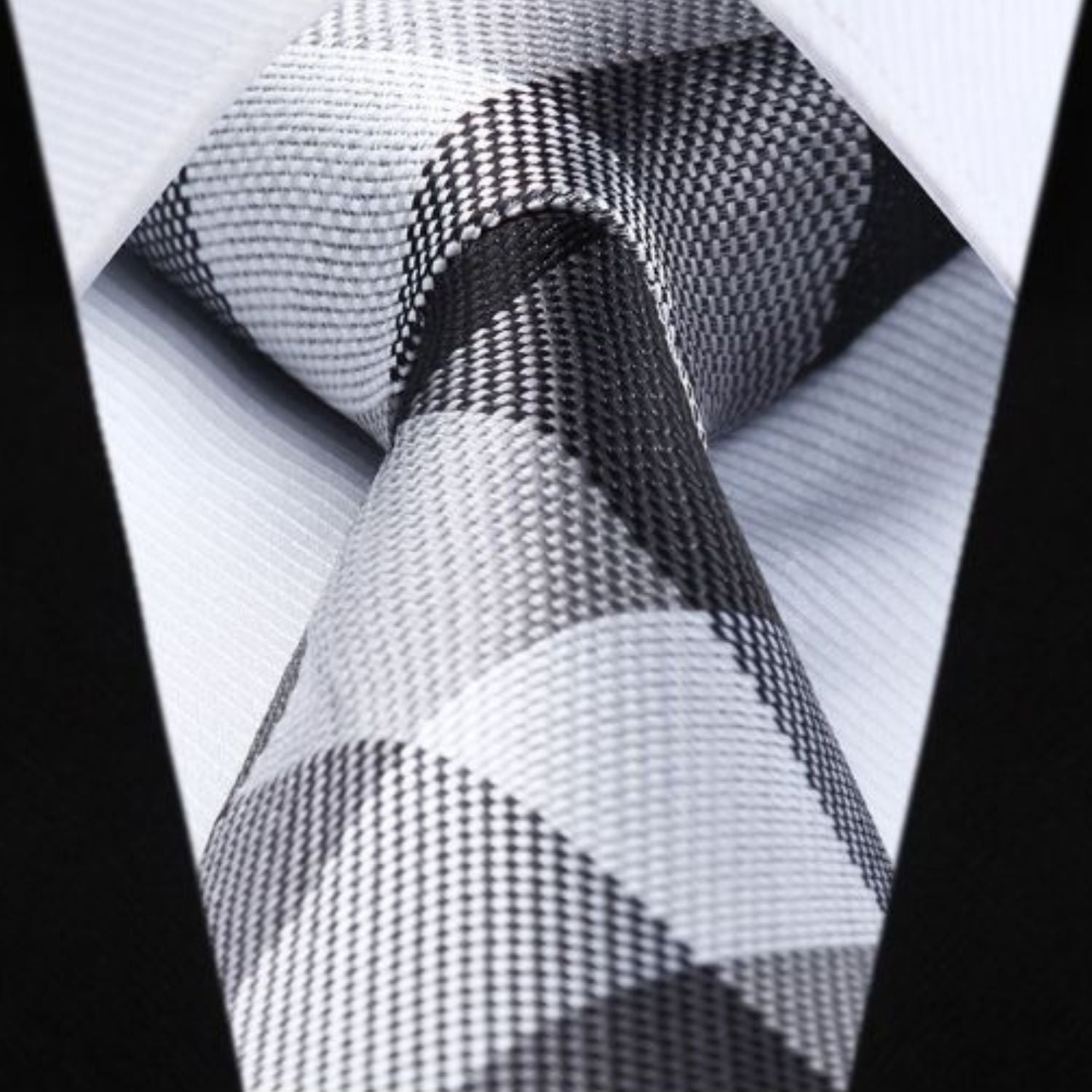 Plaid Tie Handkerchief Set - BLACK/GRAY/WHITE