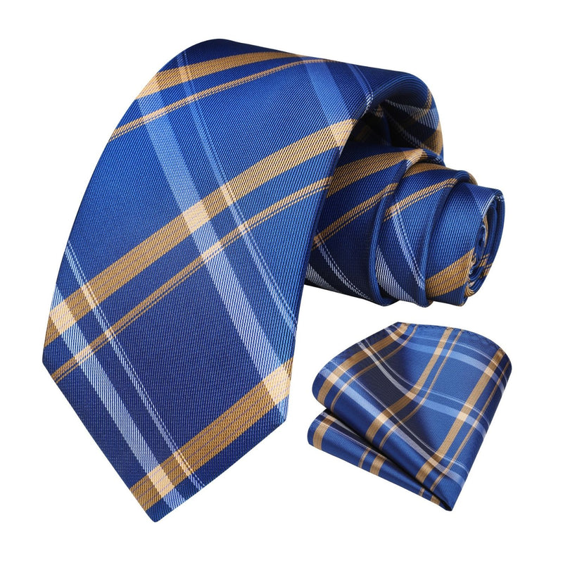 Men's Plaid Tie Handkerchief Set - E2-BLUE