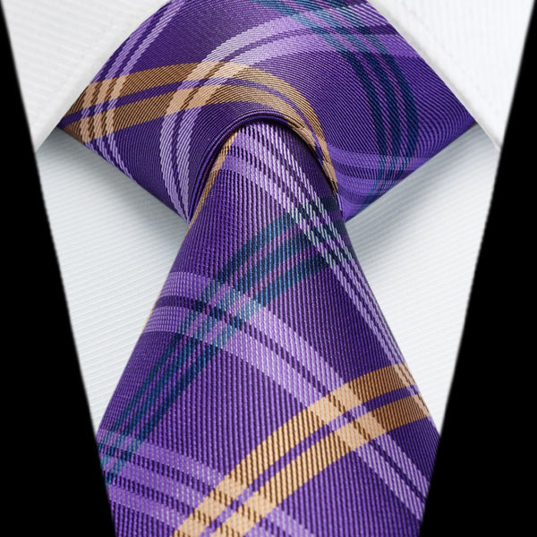 Men's Plaid Tie Handkerchief Set - 024-PURPLE