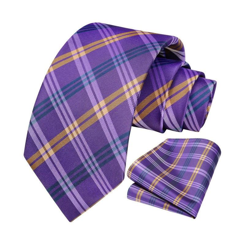 Men's Plaid Tie Handkerchief Set - 024-PURPLE