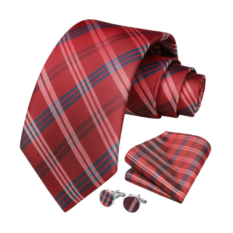 Men's Plaid Tie Handkerchief Cufflinks - 02-RED3