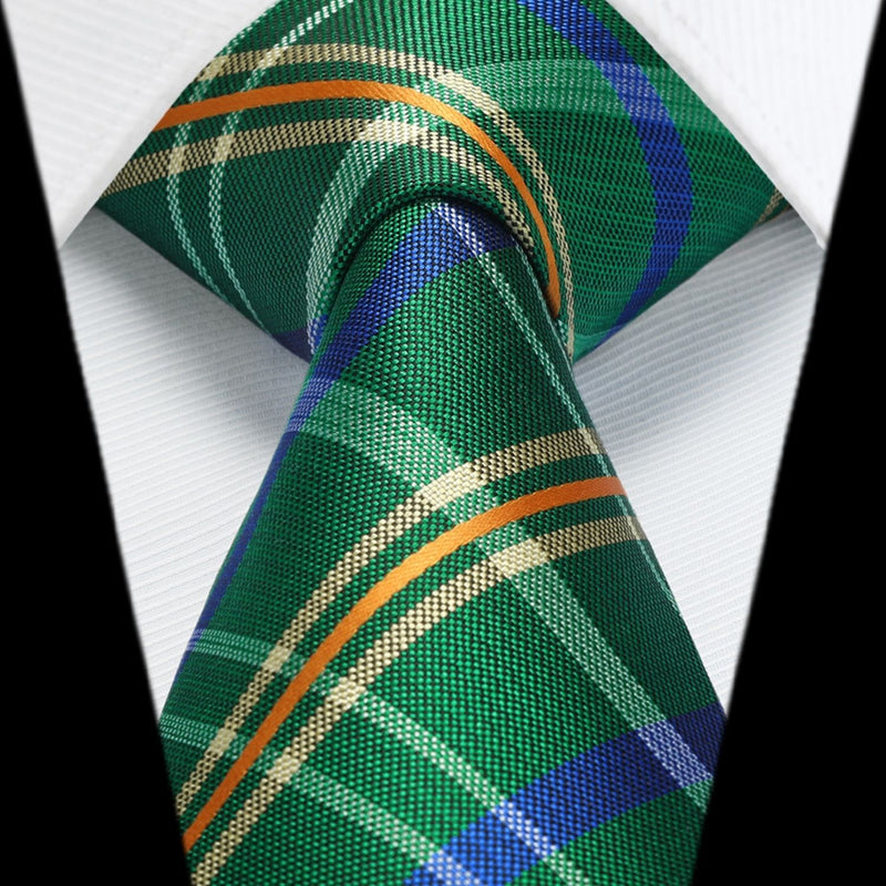 Men's Plaid Tie Handkerchief Set - 022-GREEN