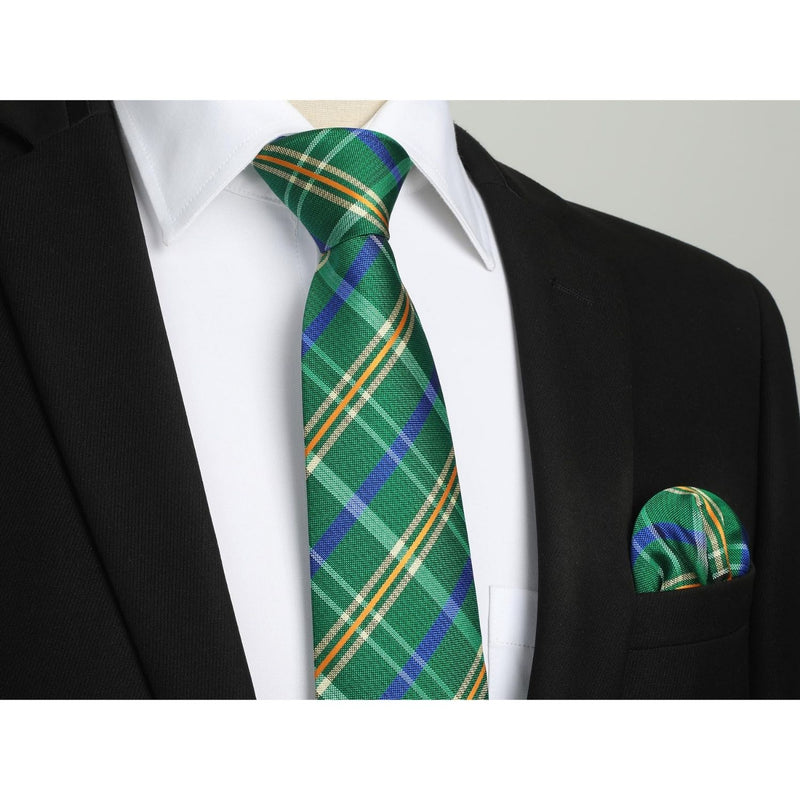 Men's Plaid Tie Handkerchief Set - 022-GREEN