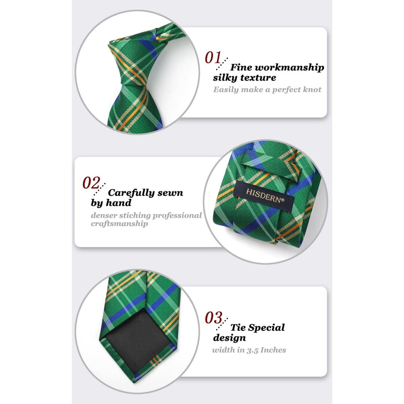 Men's Plaid Tie Handkerchief Set - 022-GREEN