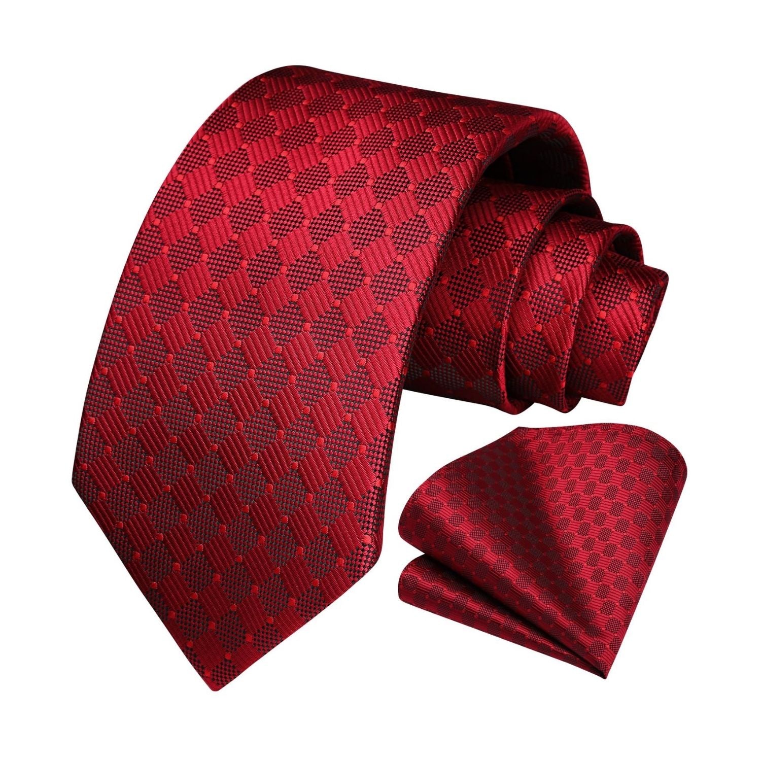 Men's Plaid Tie Handkerchief Set - 01-RED