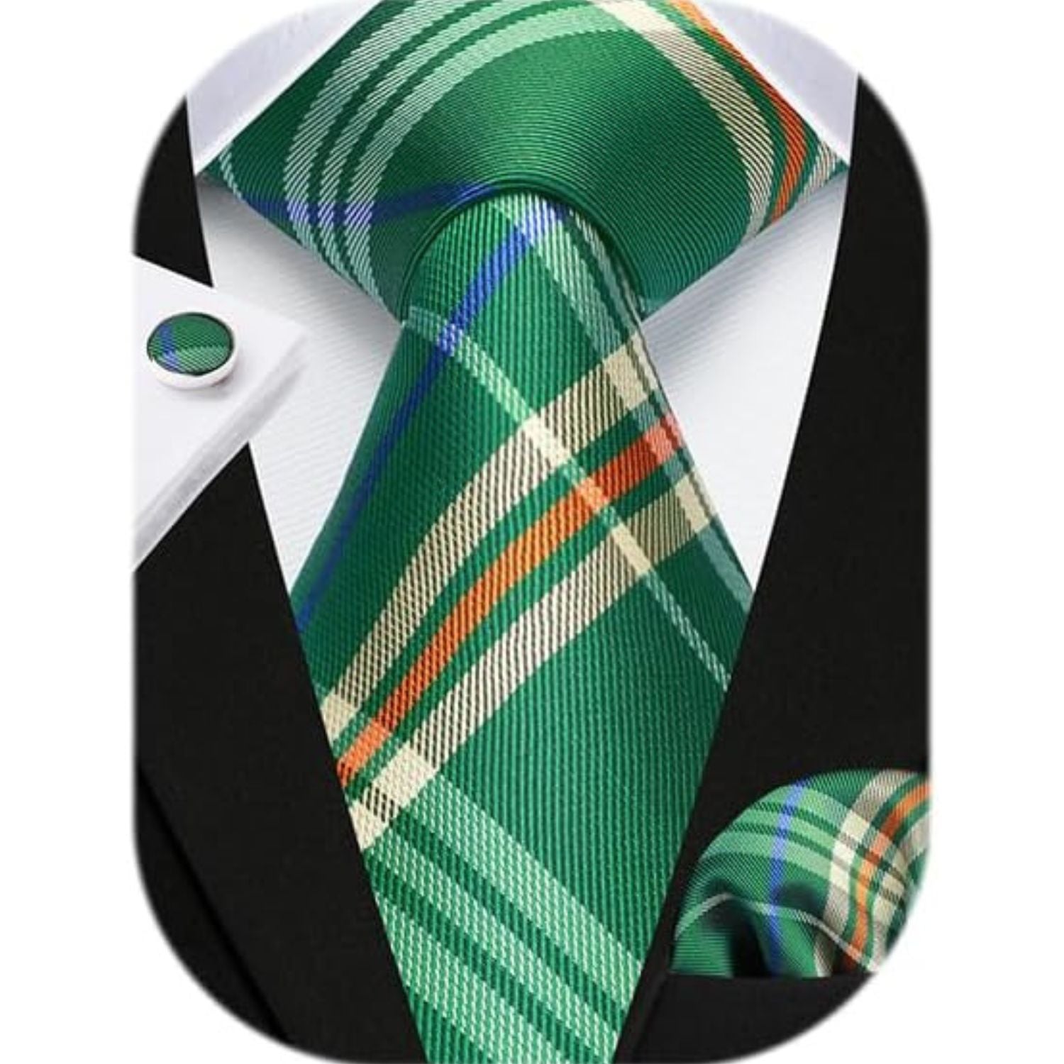 Hisdern Green Plaid Wedding Accessories Set with Cufflinks