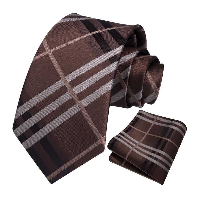 Men's Plaid Tie Handkerchief Set - F2-BROWN