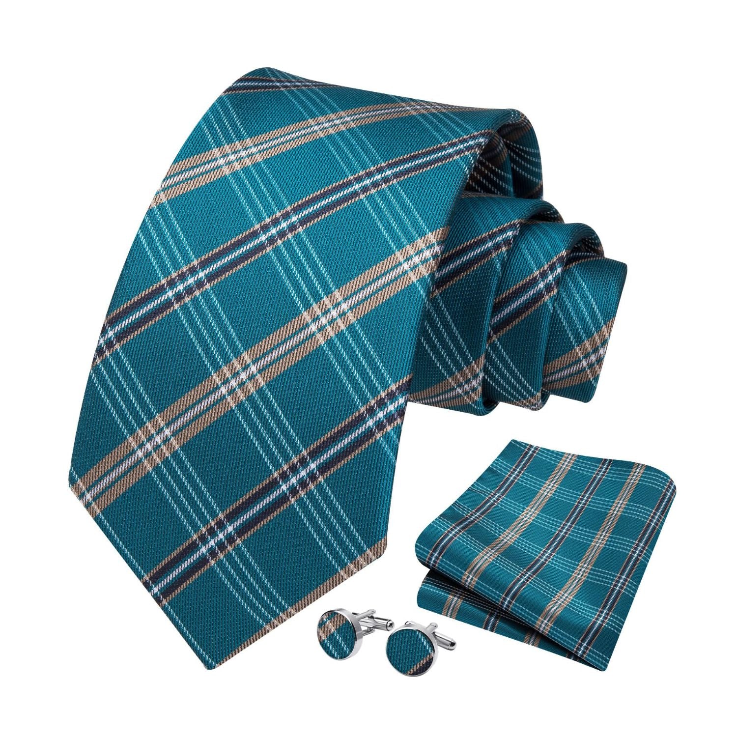 Hisdern Blue Plaid Wedding Accessories Set with Cufflinks
