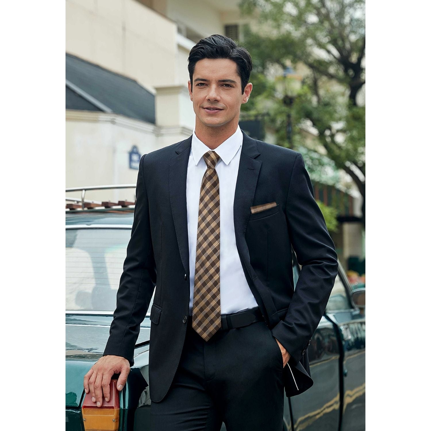 Men's Plaid Tie Handkerchief Set - C-BROWN2