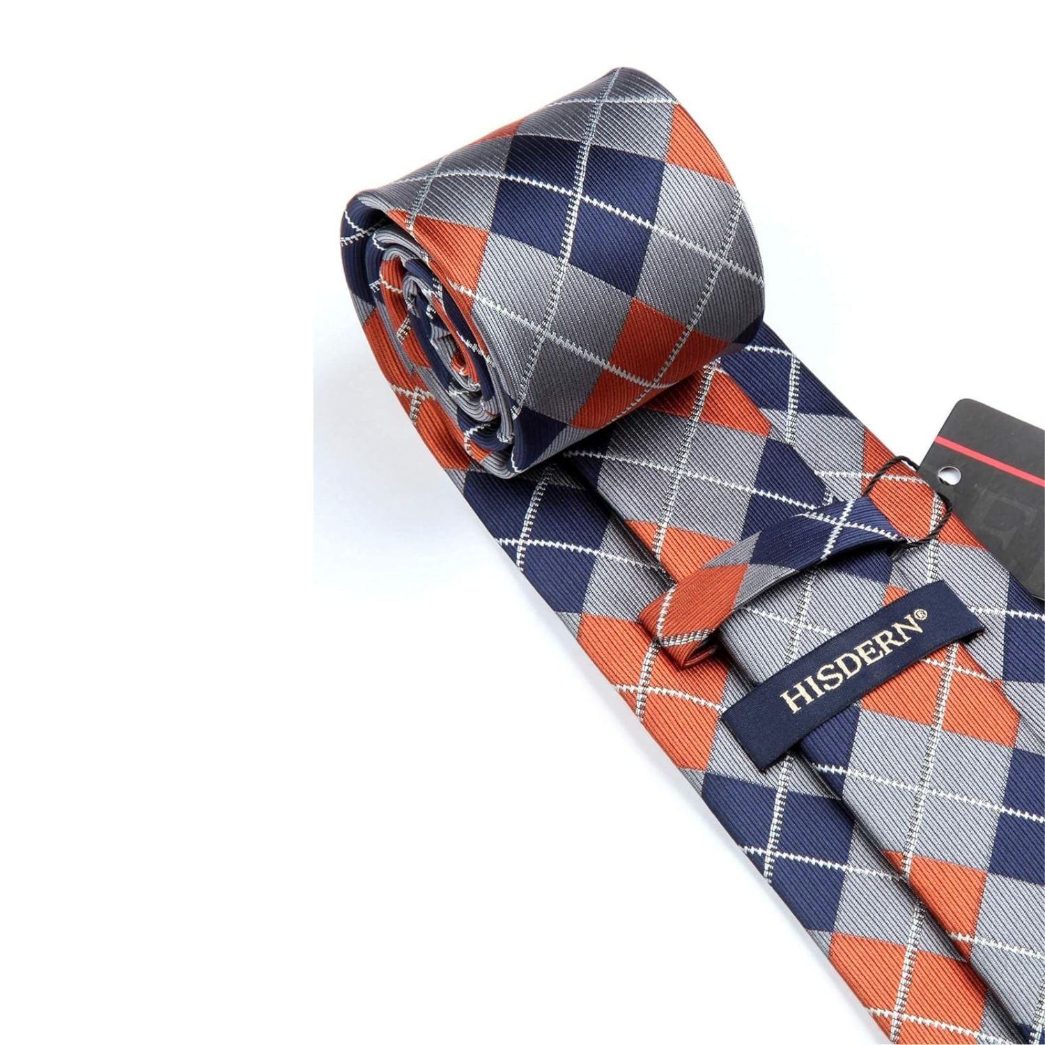 Plaid Tie Handkerchief Set - B-ORANGE/GRAY/NAVY BLUE