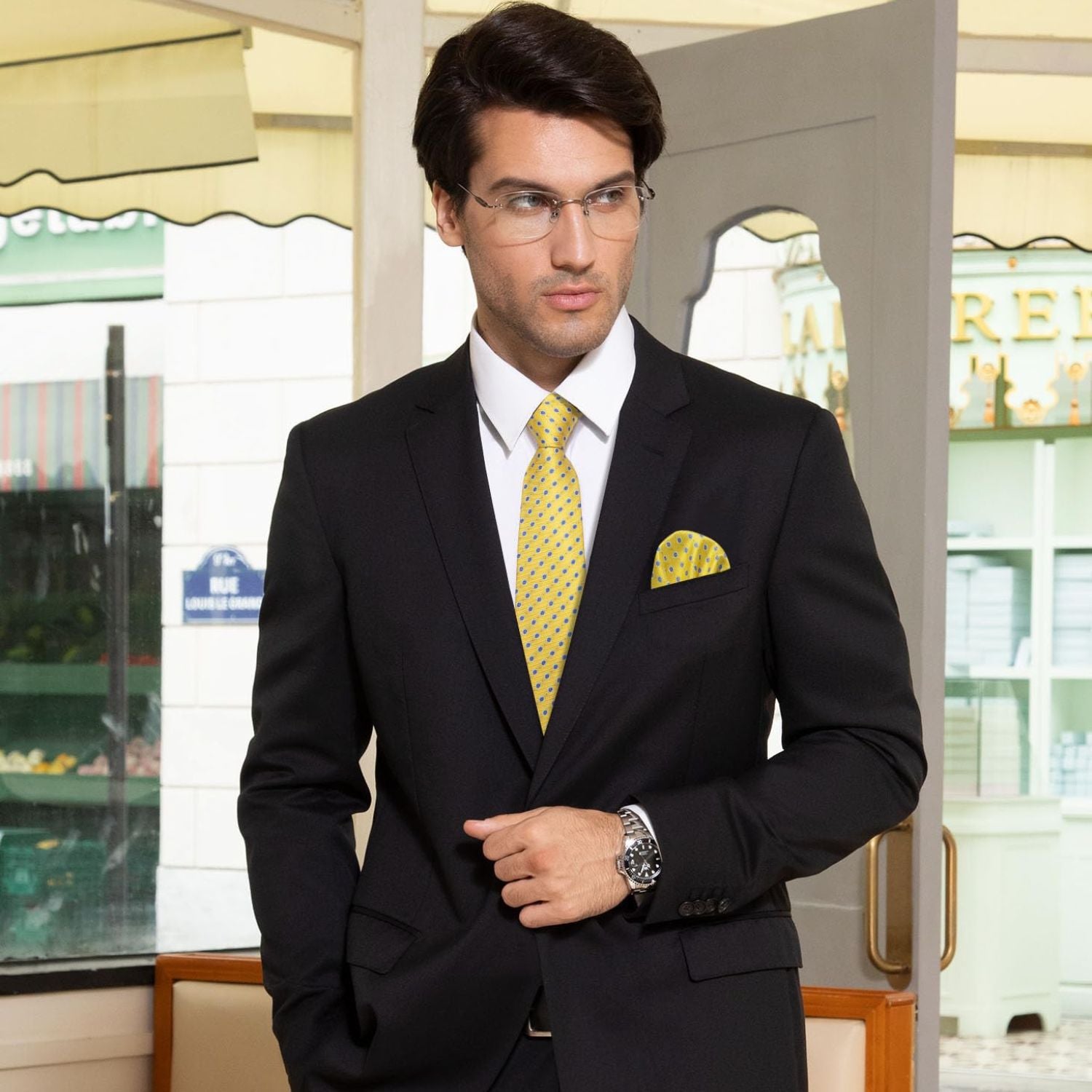 Floral Tie Handkerchief Set - A37-YELLOW