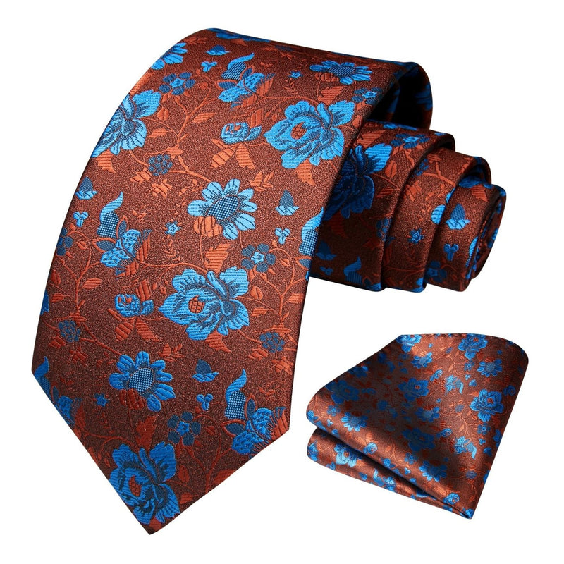 Floral Tie Handkerchief Set - ORANGE BLUE FLOWER