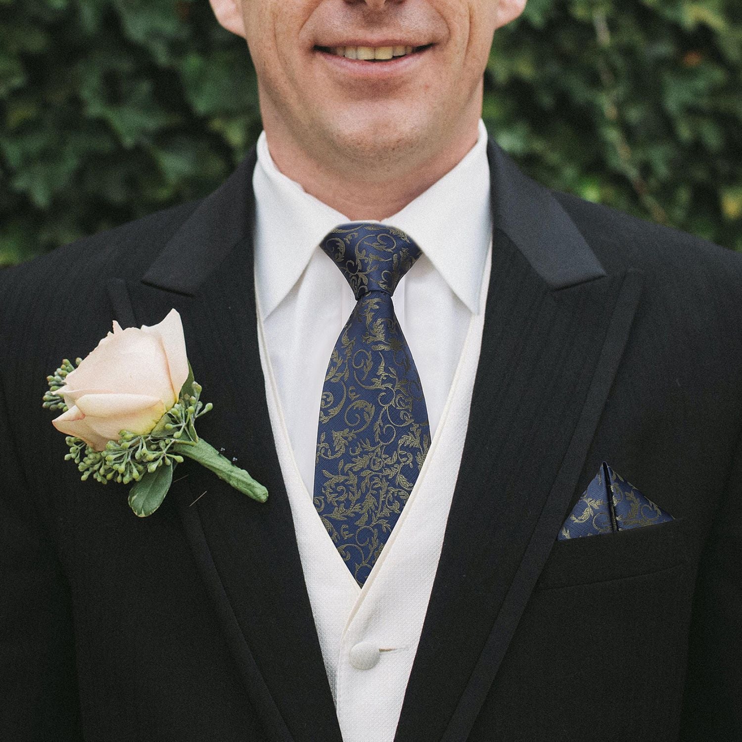 Floral Tie Handkerchief Set - A NAVY BLUE/BROWN