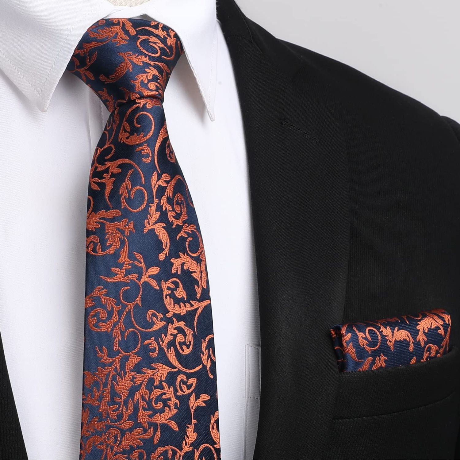 Paisley Tie Handkerchief Set - A-ORANGE/NAVY BLUE