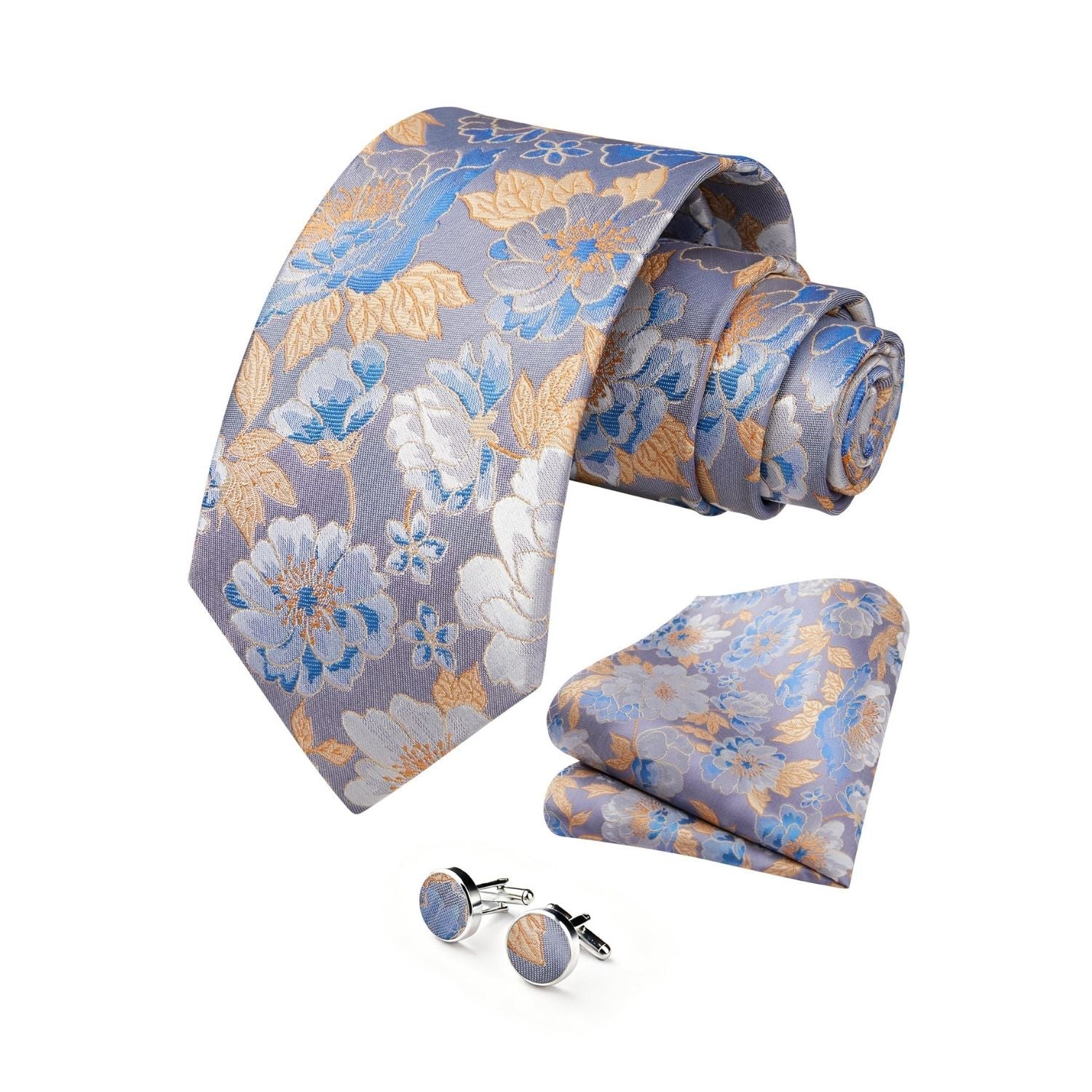 Hisdern Blue White Floral Wedding Tie Set with Cufflinks