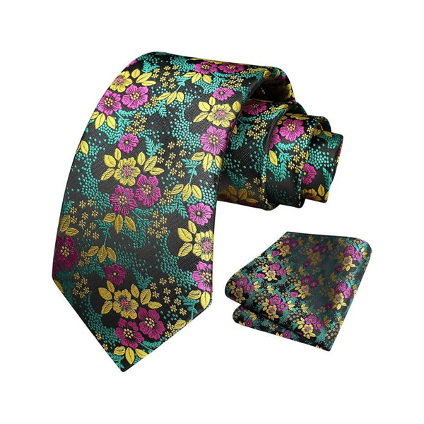 Floral Tie Handkerchief Set - X-PURPLE YELLOW