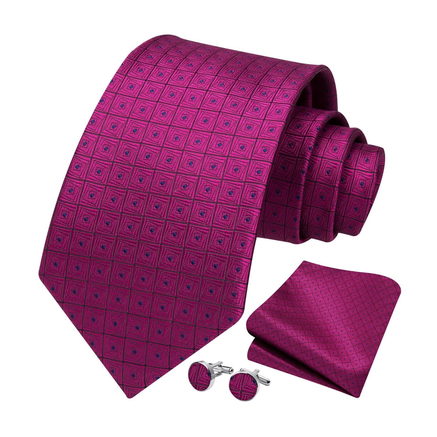Hisdern Hot Pink Plaid Wedding Accessories Set with Cufflinks