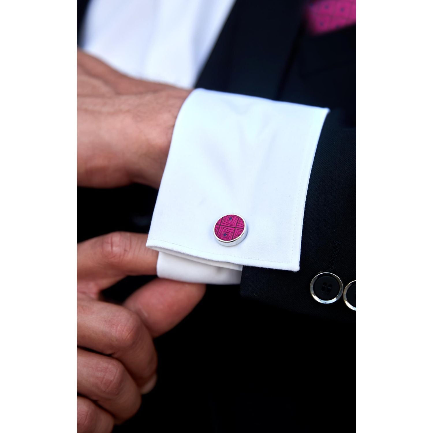 Hisdern Hot Pink Plaid Wedding Accessories Set with Cufflinks