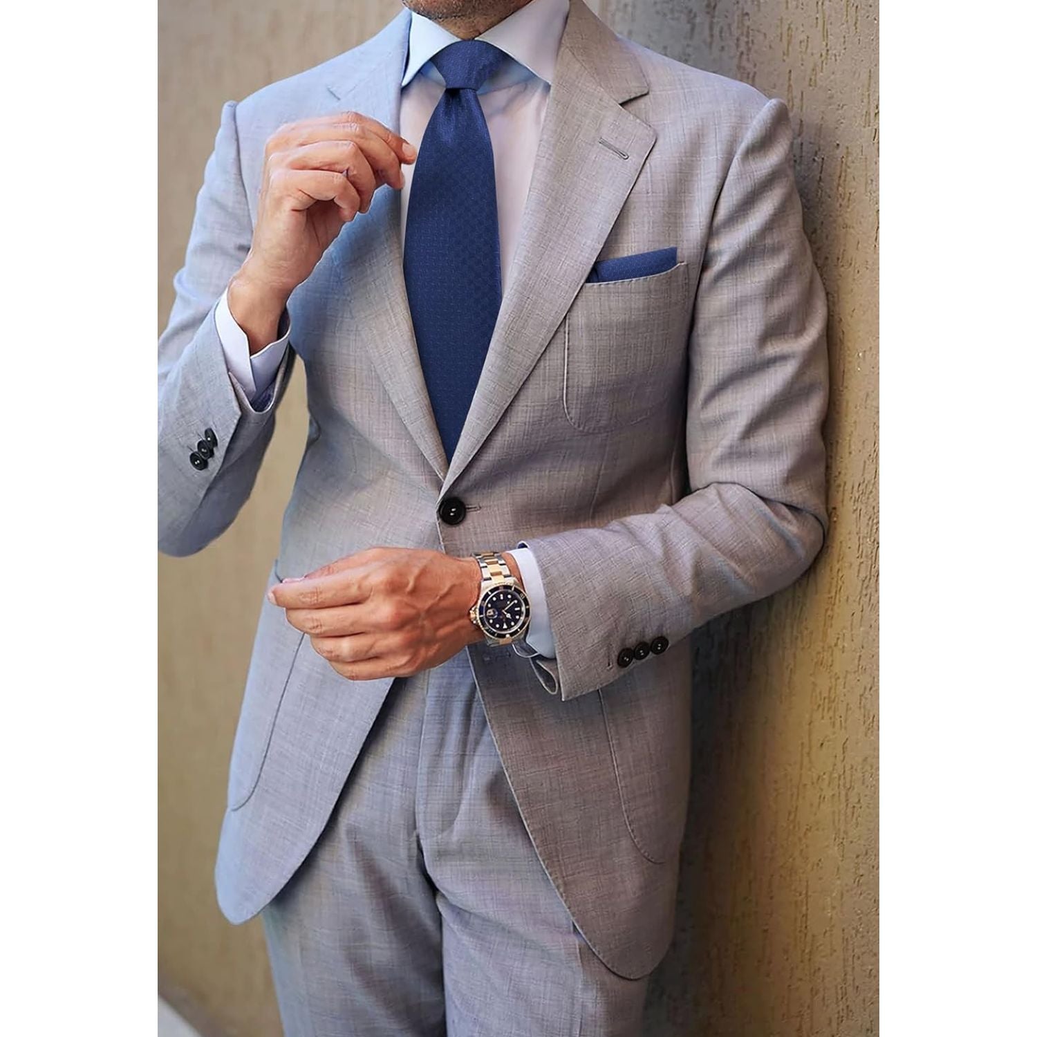 Hisdern Navy Blue Houndstooth Wedding Tie Set with Cufflinks