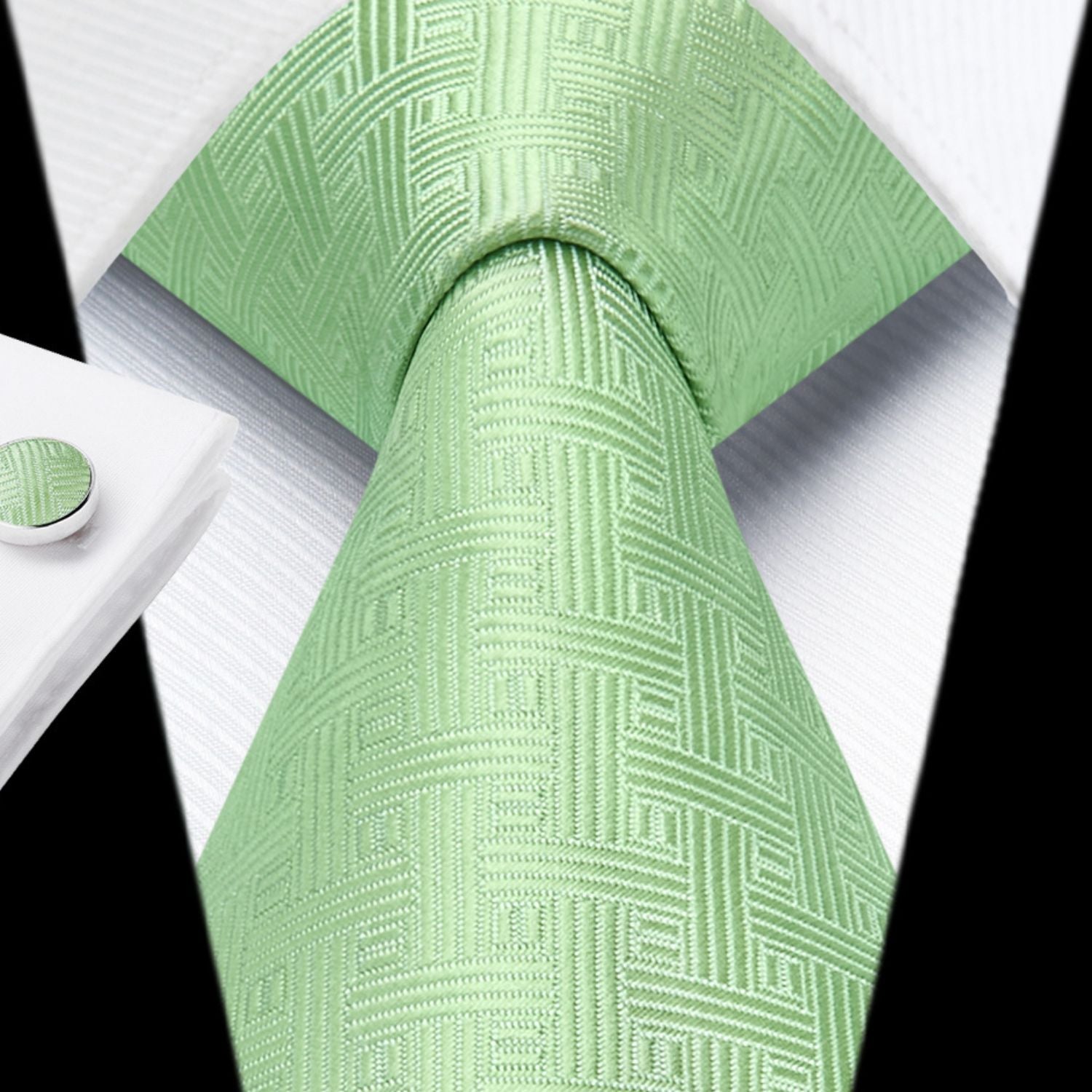 Hisdern Sage Green Houndstooth Wedding Tie Set with Cufflinks