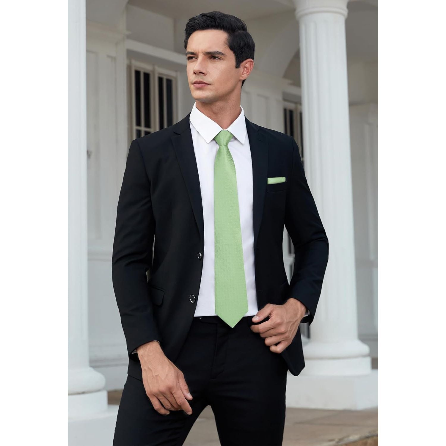 Hisdern Sage Green Houndstooth Wedding Tie Set with Cufflinks