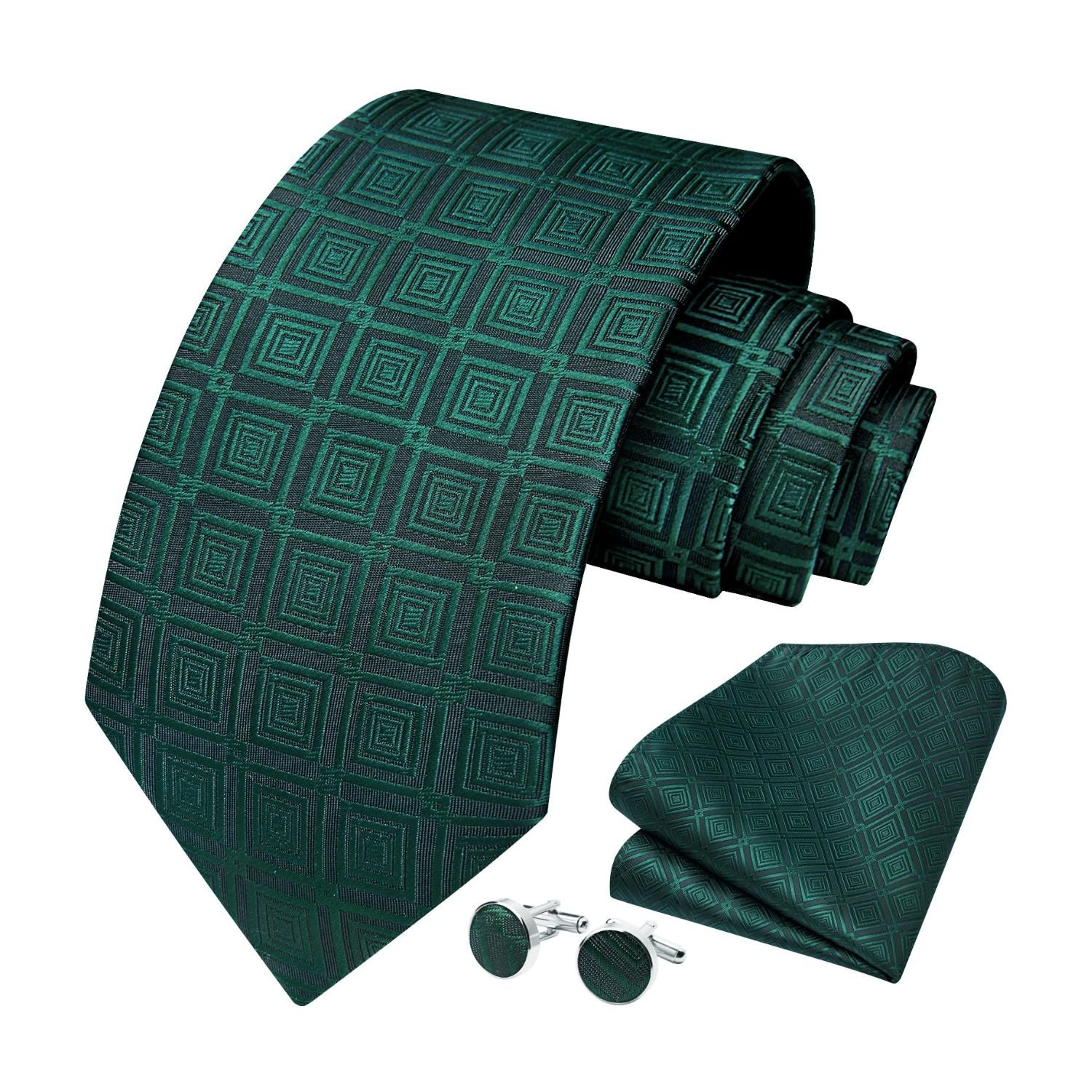 Hisdern Black Green Plaid Wedding Accessories Set with Cufflinks